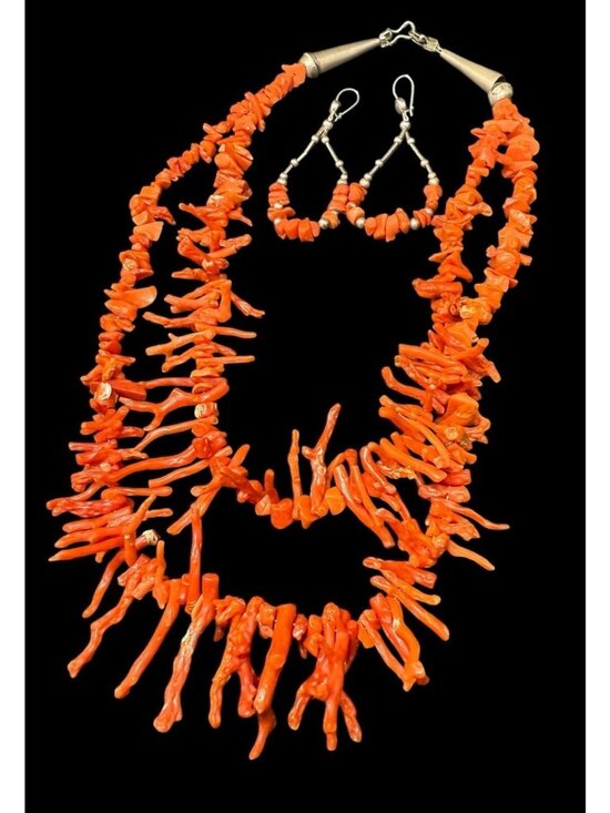 Delbert Chatter Navajo Coral Dangle Earrings, c.1970 Navajo Sterling Silver Red Branch Coral Jewelry Set Necklace Dangle Earrings